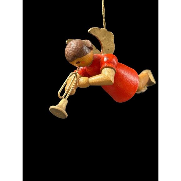 Erzgebirge Figure Ornament Wooden Angel playing Trumpet Musical Instrument 2.5" - Picture 8 of 10